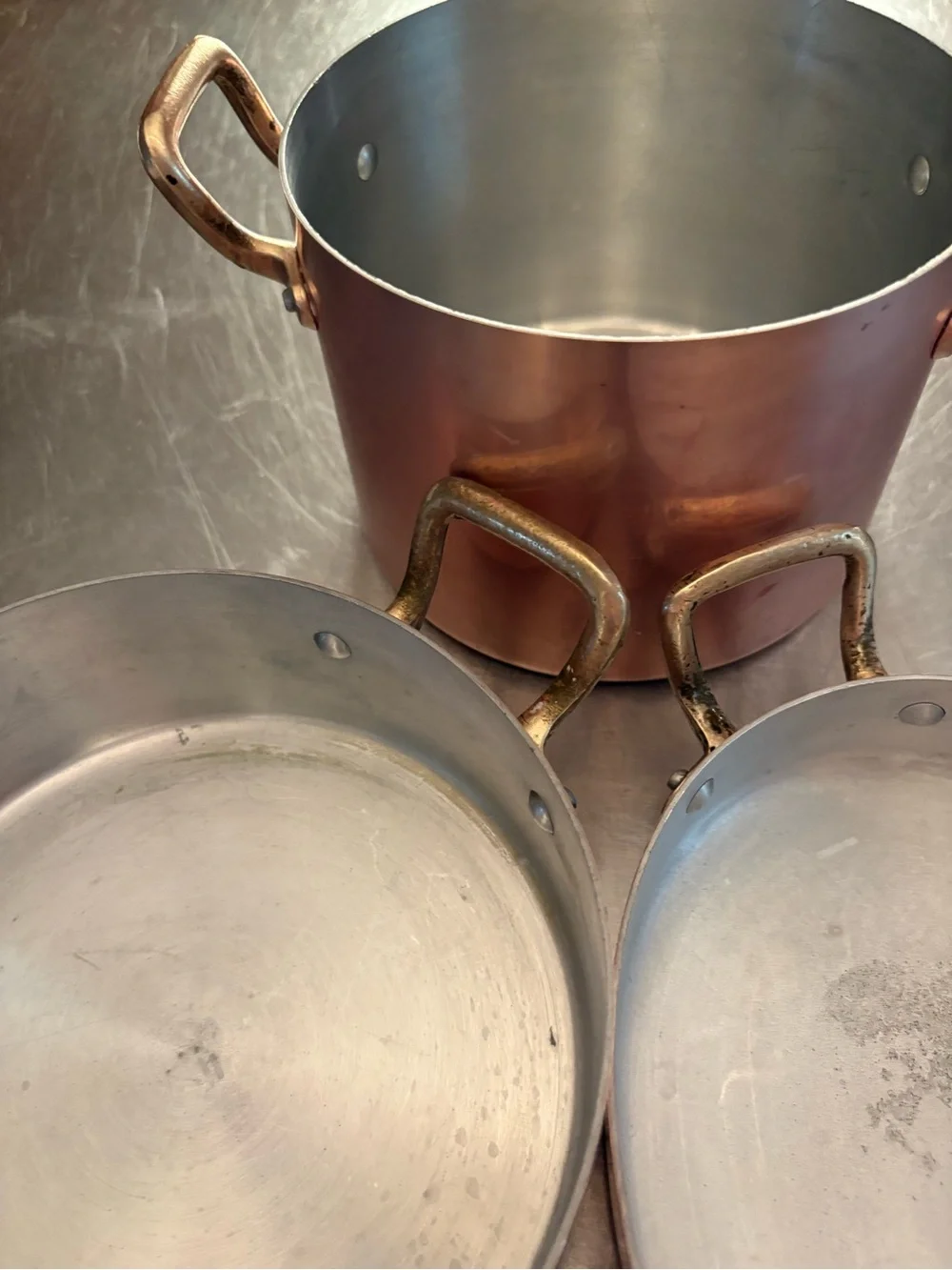 3 Piece Vintage Copper Cookware Brass Handles 2qt 1.5 qt 9 in au gratin